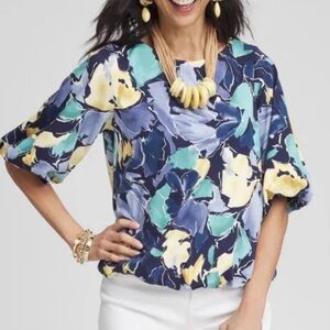 Chicos Size 3 US 16 Bubble Hem Blouse Blue Yellow Green Abstract Floral Elegant